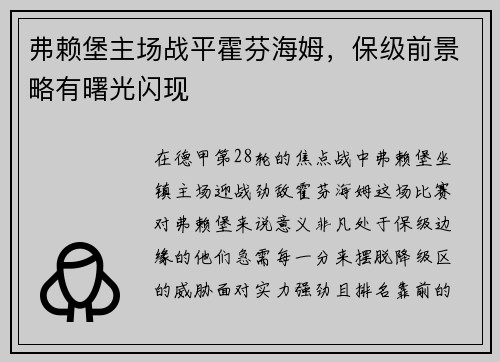 弗赖堡主场战平霍芬海姆，保级前景略有曙光闪现