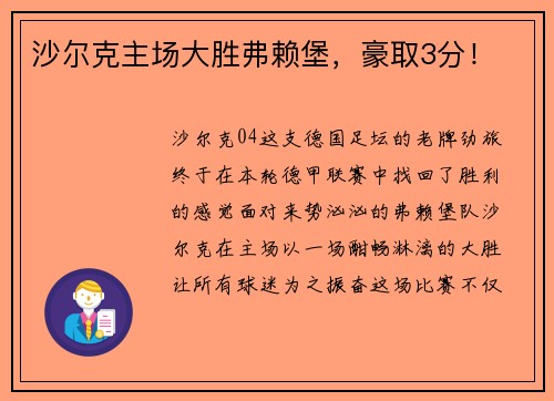 沙尔克主场大胜弗赖堡，豪取3分！